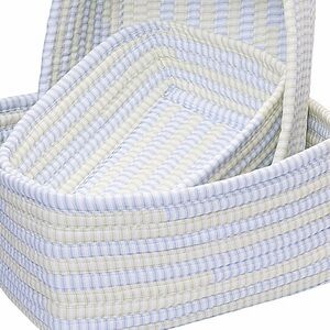 Striped Blue and Cream Woven Basket Set